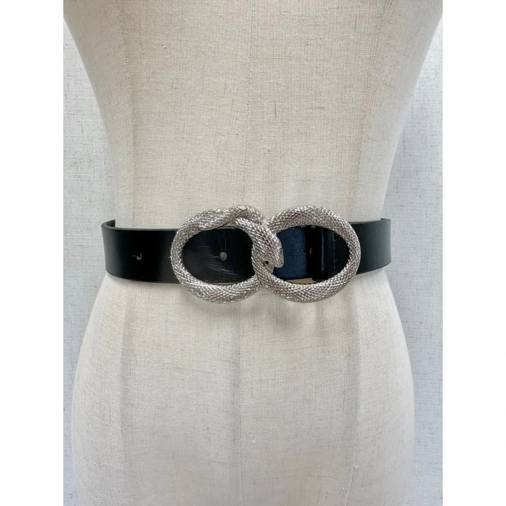 Double Snake Silver Textured Infinity Buckle Black Faux Leather Belt Size M